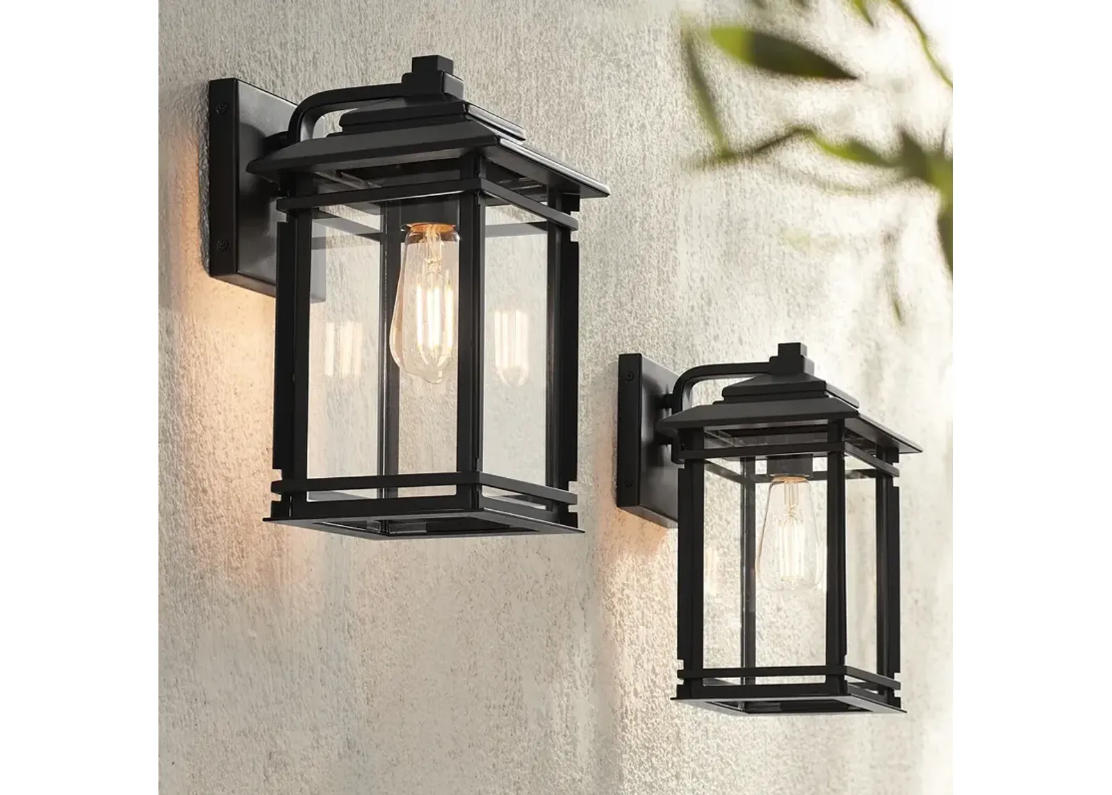 North House 12" High Matte Black and Glass Outdoor Wall Light Set of 2