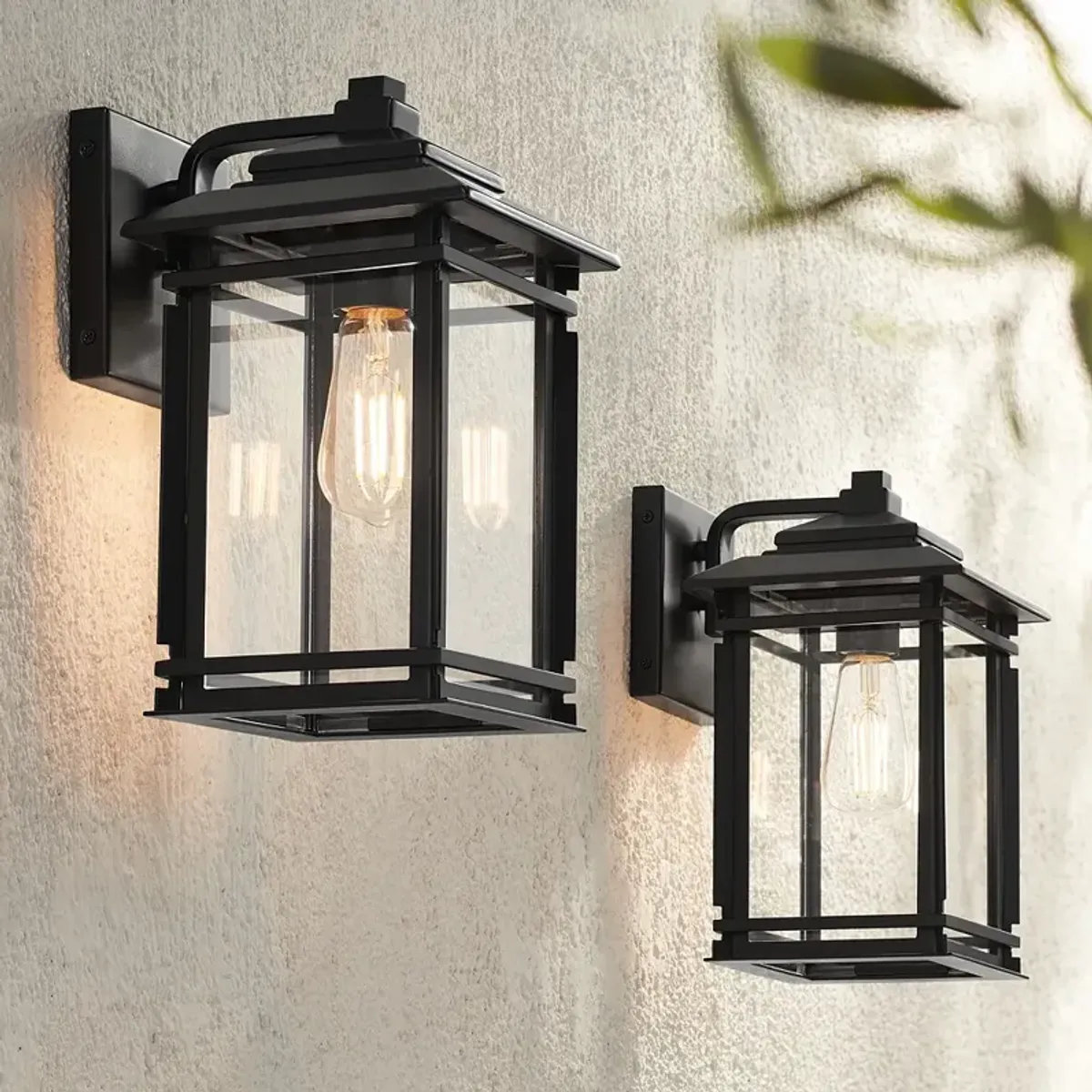 North House 12" High Matte Black and Glass Outdoor Wall Light Set of 2