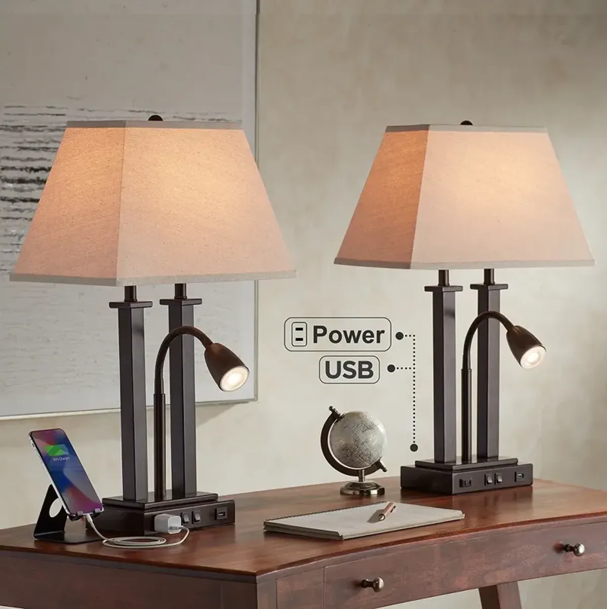 Possini Euro Deacon 26" Bronze Gooseneck USB and Outlet Lamps Set of 2