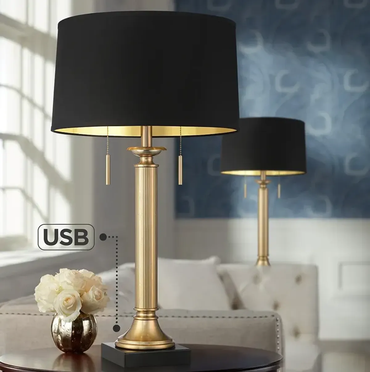 Possini Euro Wynne 30" High Gold and Black Dual USB Lamps Set of 2