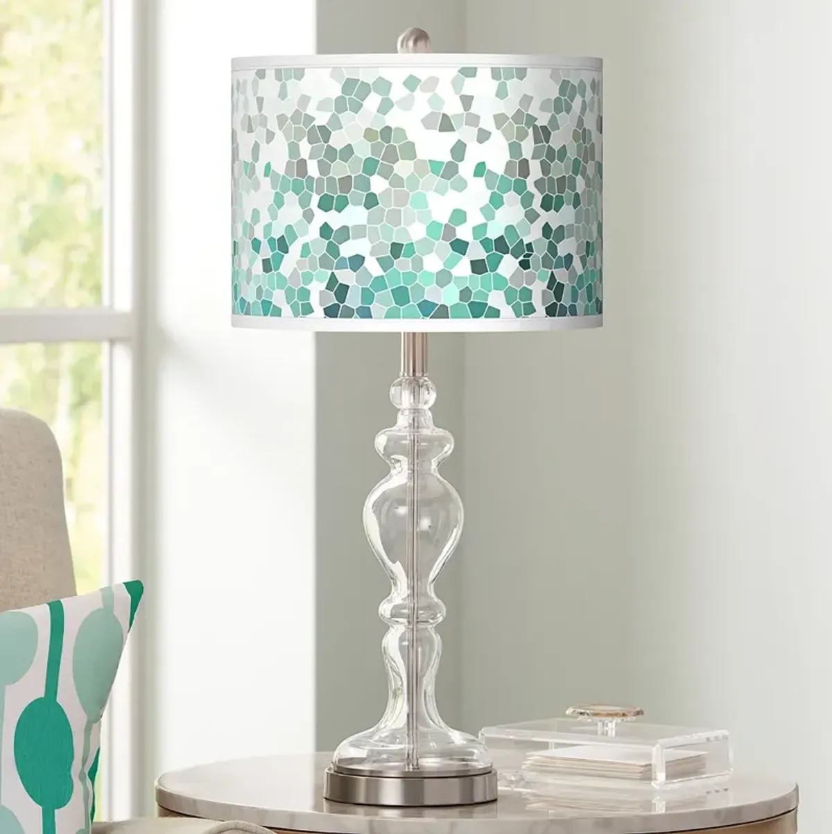 Giclee Glow Apothecary 28" Aqua Mosaic Shade Clear Glass Table Lamp