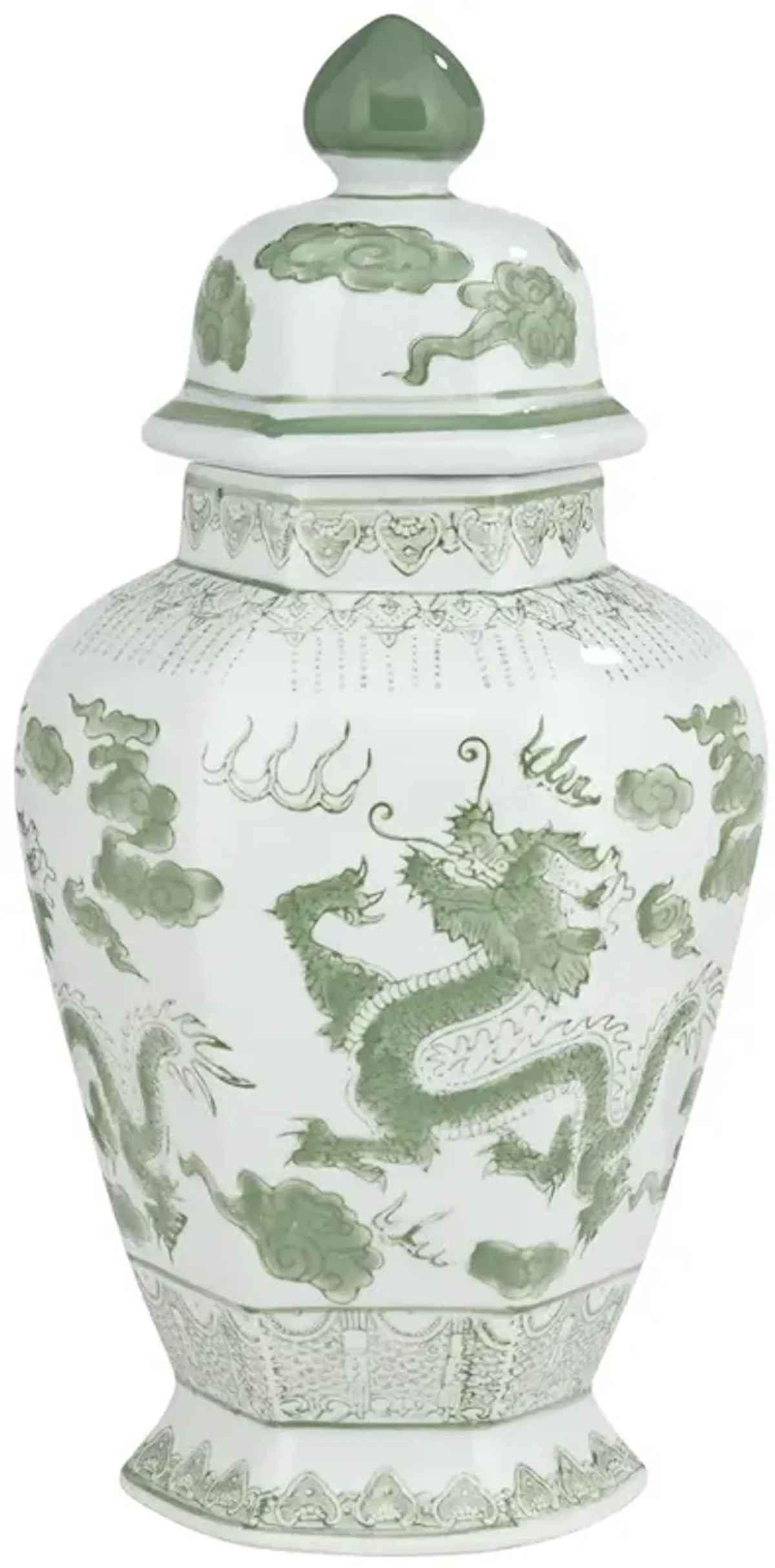 Coran 15" High Green and White Ceramic Ginger Jar with Lid