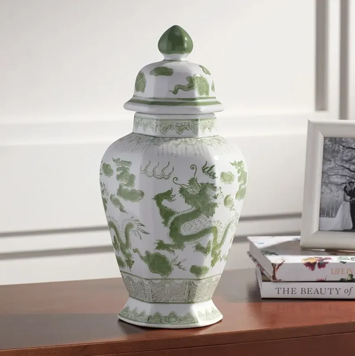 Sansui 15" High Green and White Ceramic Ginger Jar with Lid