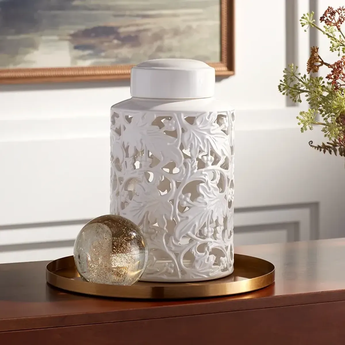Angelique 12" High White Ceramic Ginger Jar with Lid