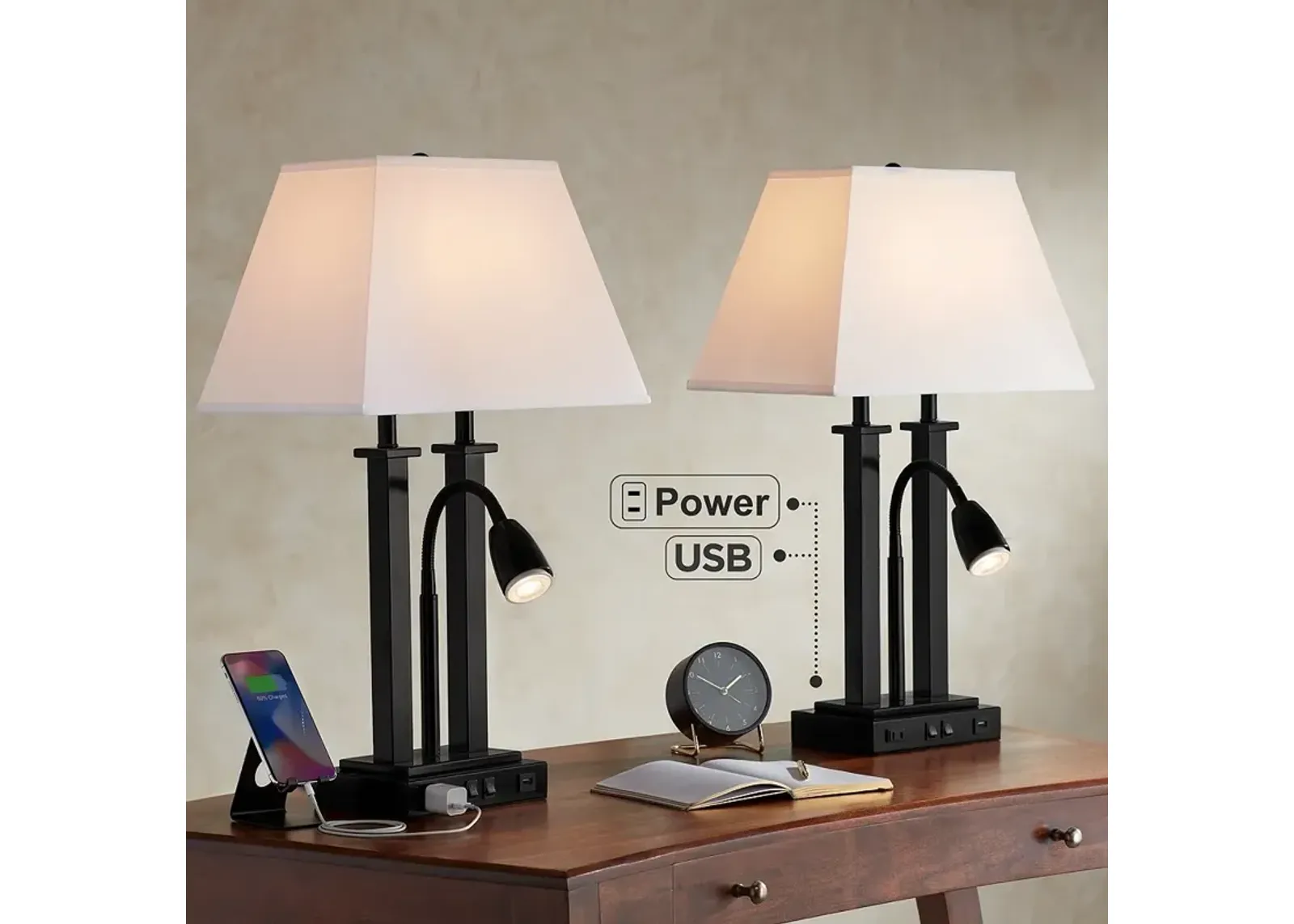 Possini Euro Deacon 26" Black USB and Outlet Gooseneck Lamps Set of 2