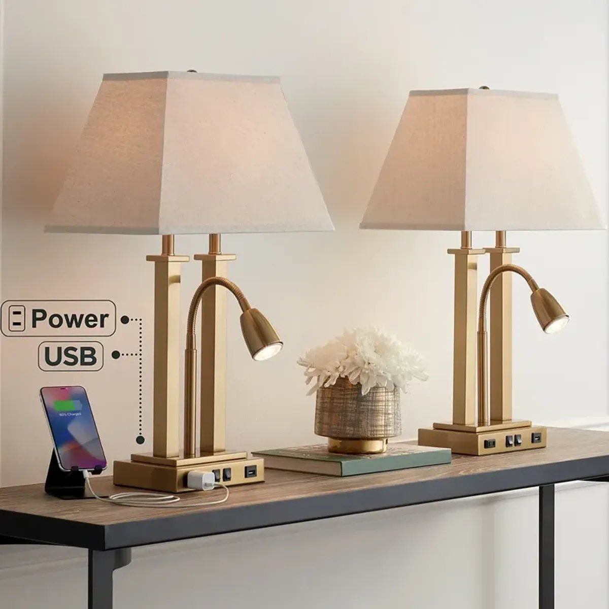 Possini Euro Deacon 26" Brass Gooseneck USB and Outlet Lamps Set of 2