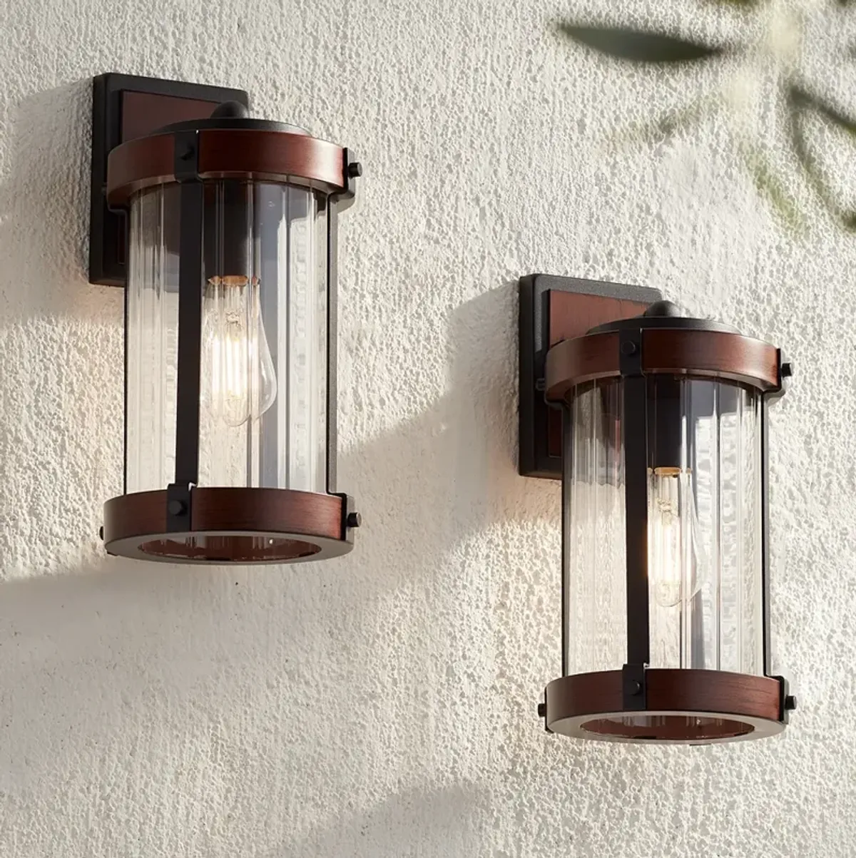 Stan 13 3/4" High Black and Dark Wood Outdoor Wall Light Set of 2