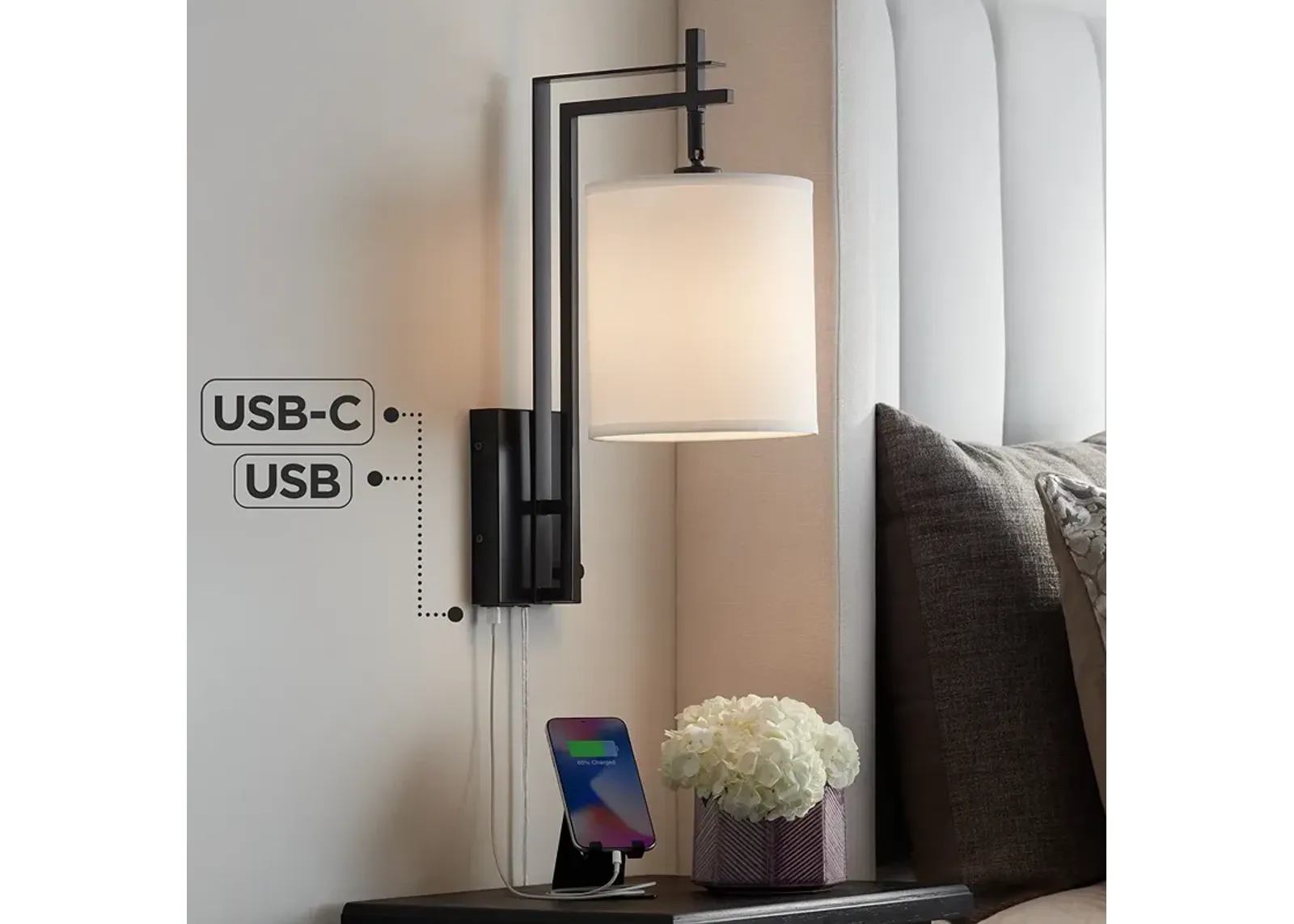 Possini Euro Torrance Plug-In Wall Lamp with Dual USB Ports