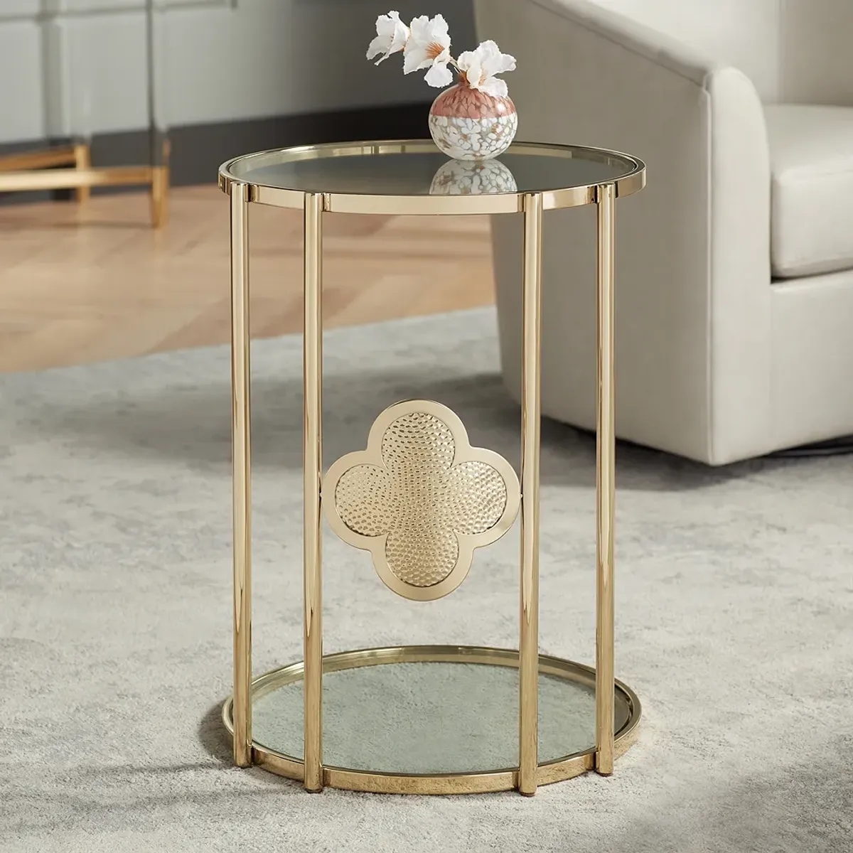 Lillie 18" Wide Gold and Glass Round Corner Table