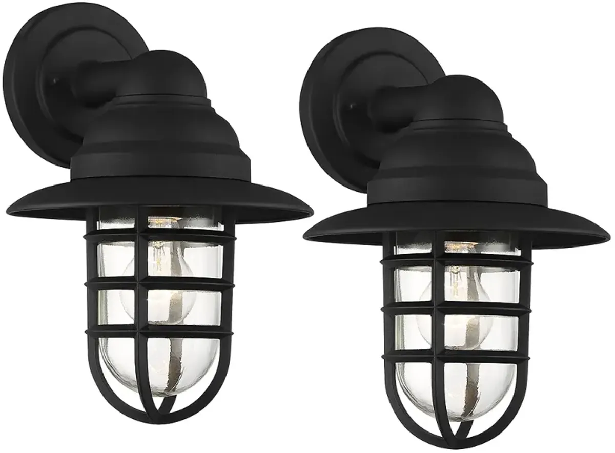 Marlowe 13" High Black Hooded Cage Outdoor Wall Light Set of 2