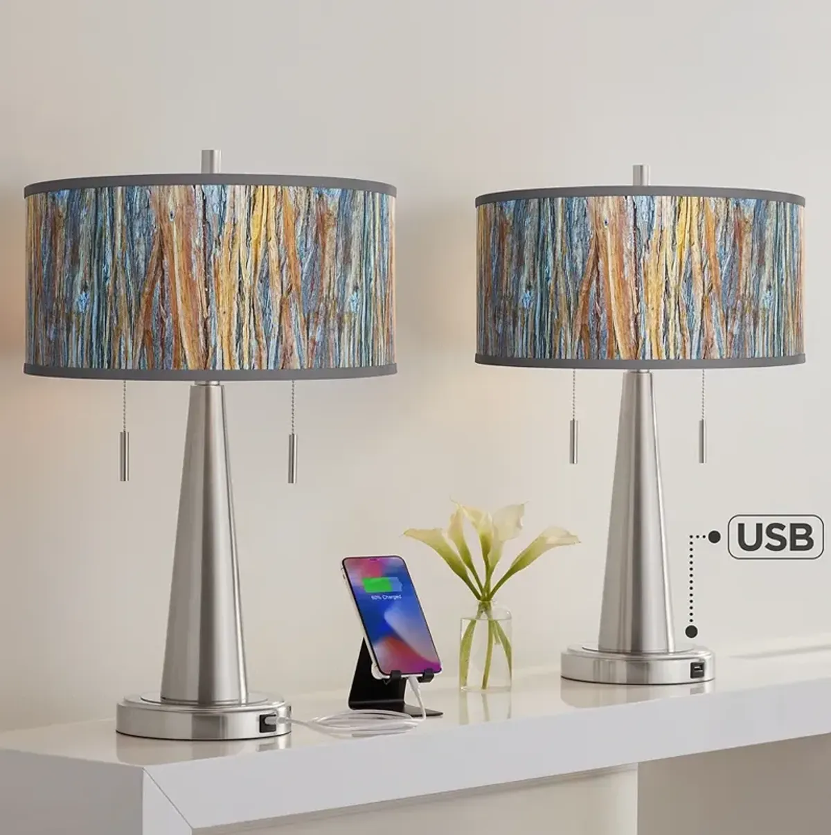Giclee Glow Vicki 23" Striking Bark Brushed Nickel USB Lamps Set of 2