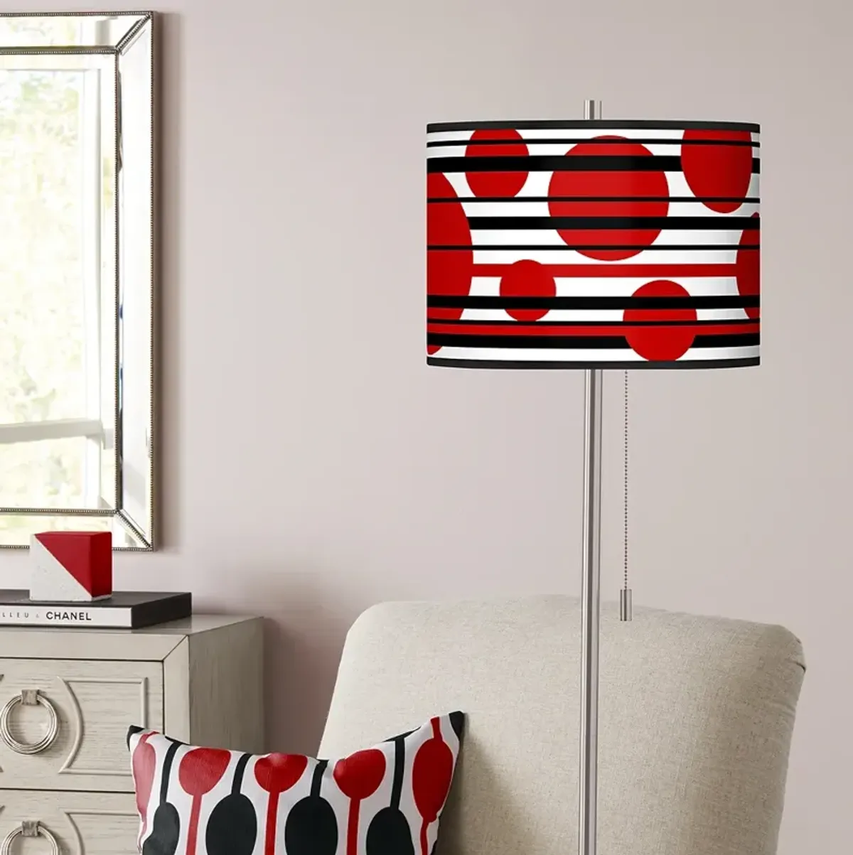 Red Balls Giclee Brushed Nickel Pull Chain Floor Lamp