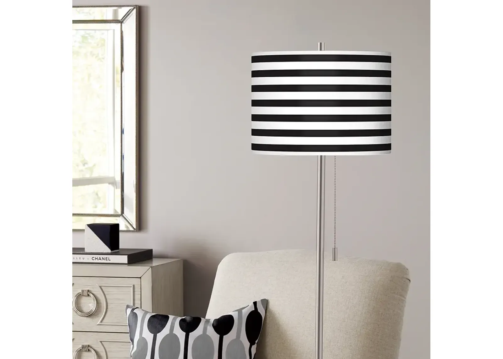 Giclee Glow Black Stripe Shade Brushed Nickel Pull Chain Floor Lamp