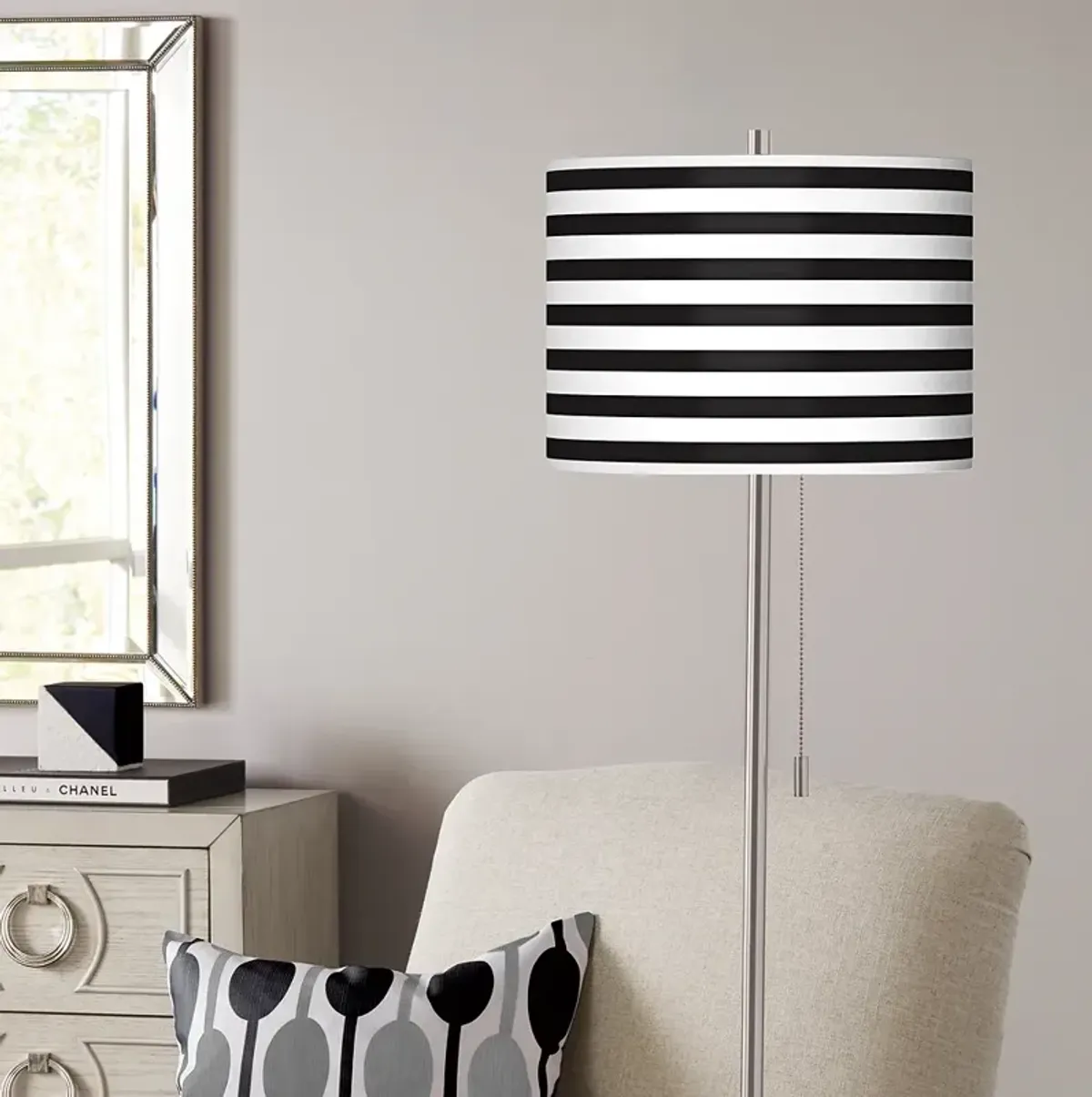 Giclee Glow Black Stripe Shade Brushed Nickel Pull Chain Floor Lamp