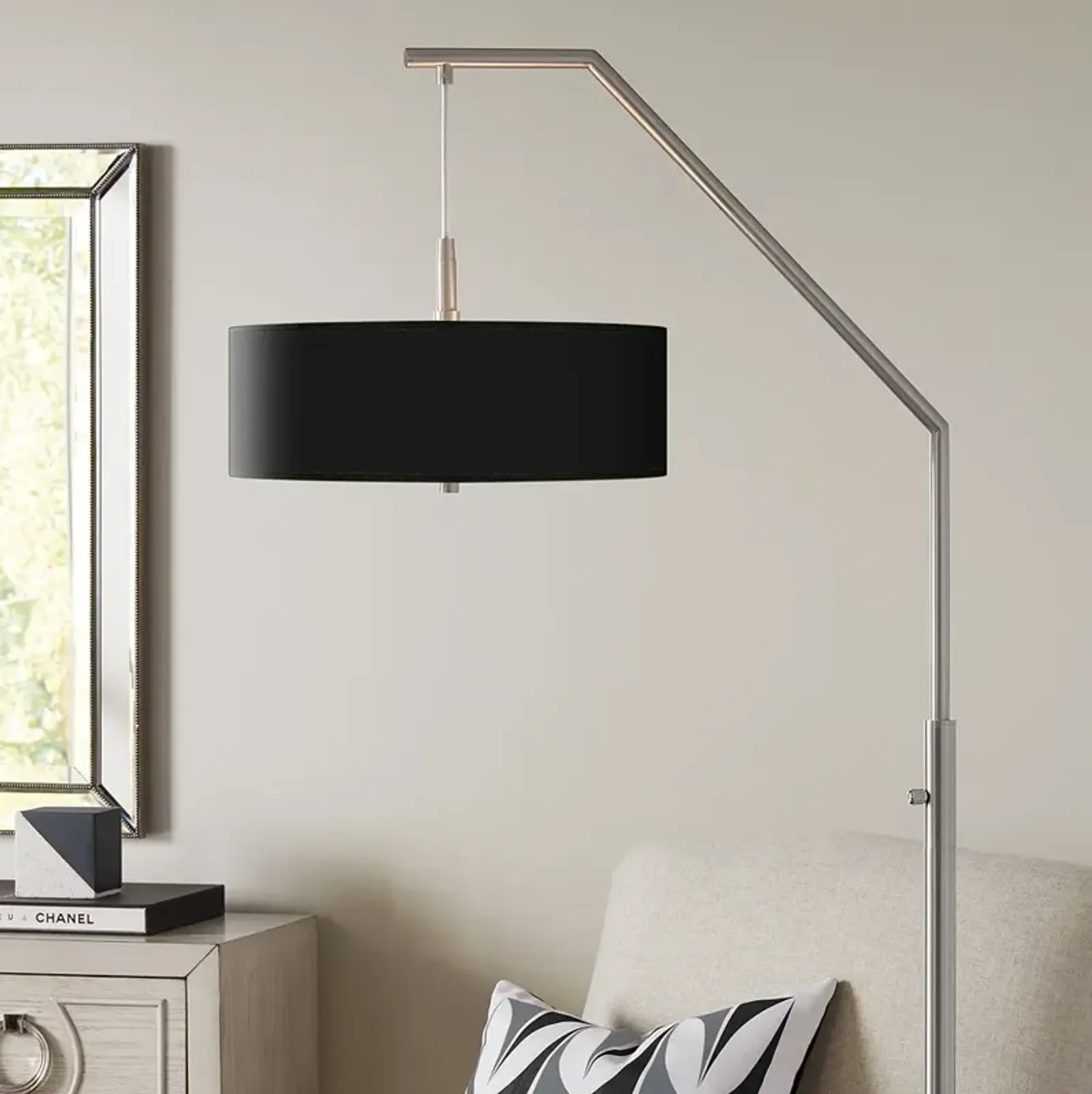 All Black Giclee Shade Arc Floor Lamp