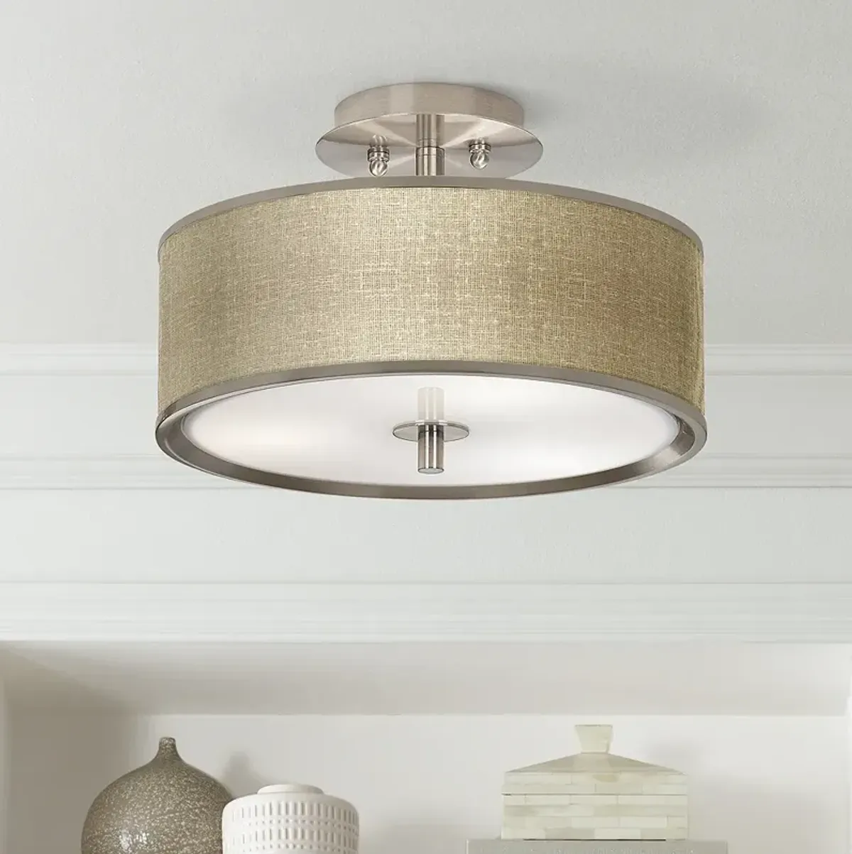 Giclee Glow 14" Wide Burlap Print Drum Ceiling Light