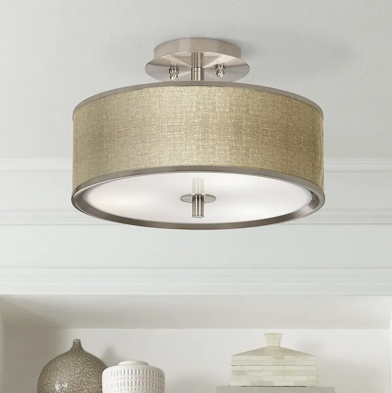 Giclee Glow 14" Wide Burlap Print Drum Ceiling Light