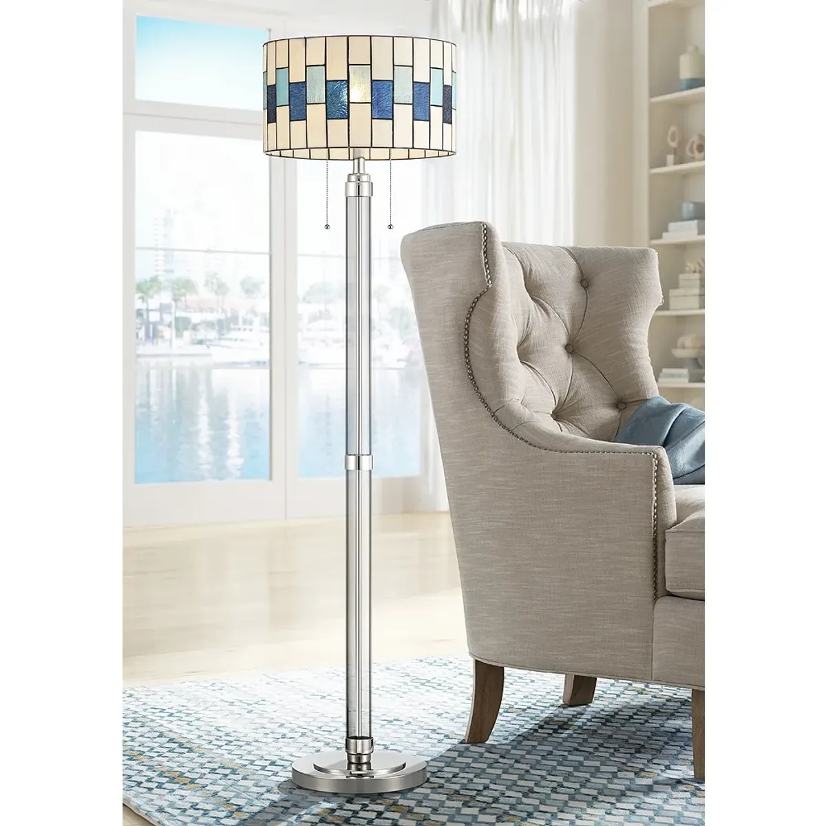 Robert Louis Tiffany Andra 60" High Art Glass Drum Shade Floor Lamp