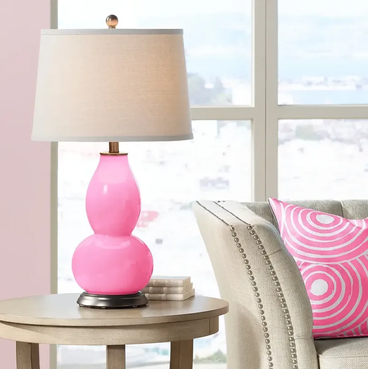 Color Plus Double Gourd 28 3/4" White Shade and Candy Pink Table Lamp