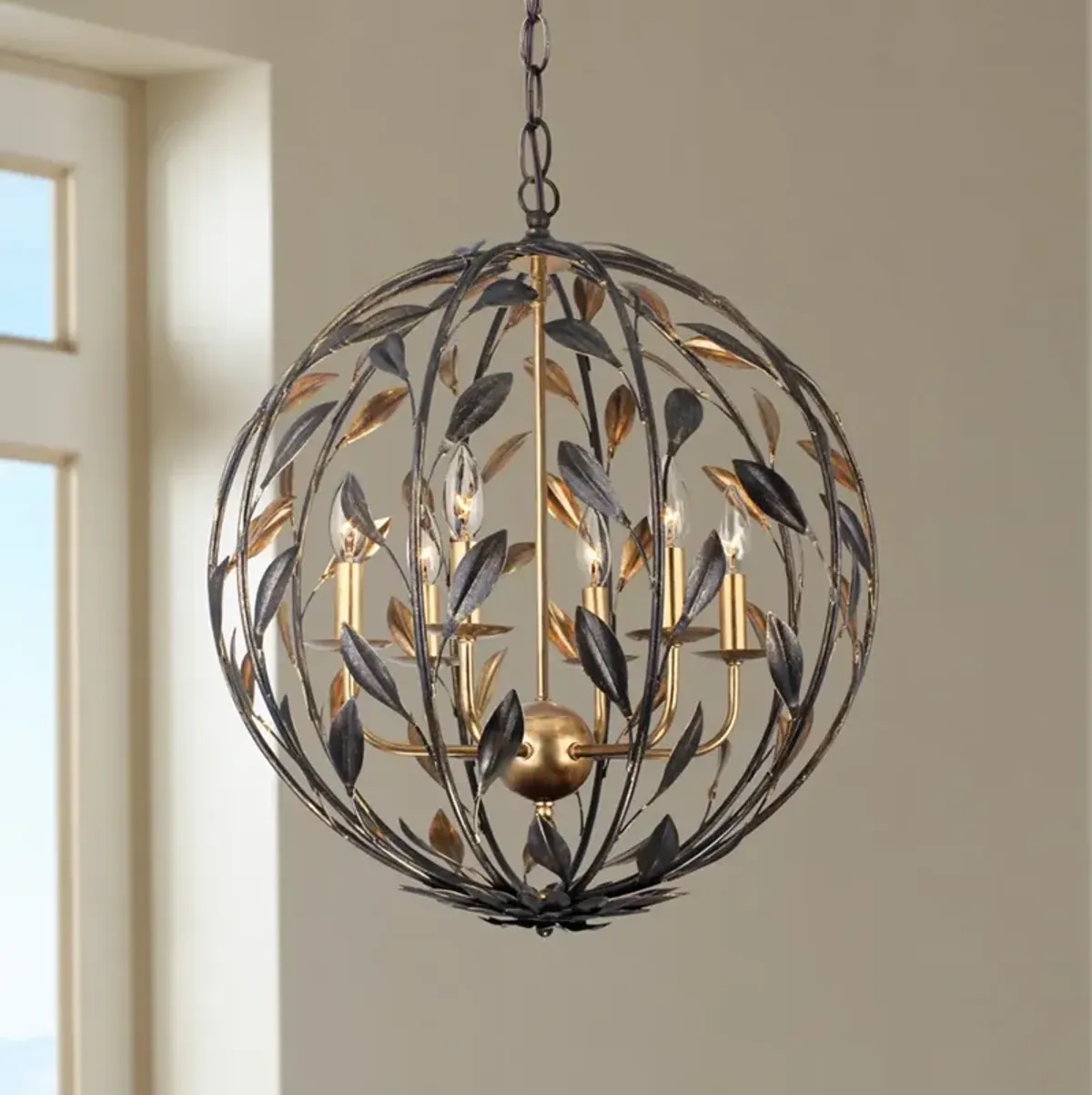 Crystorama Broche 21" Wide English Bronze Leaf and Vine Orb Chandelier