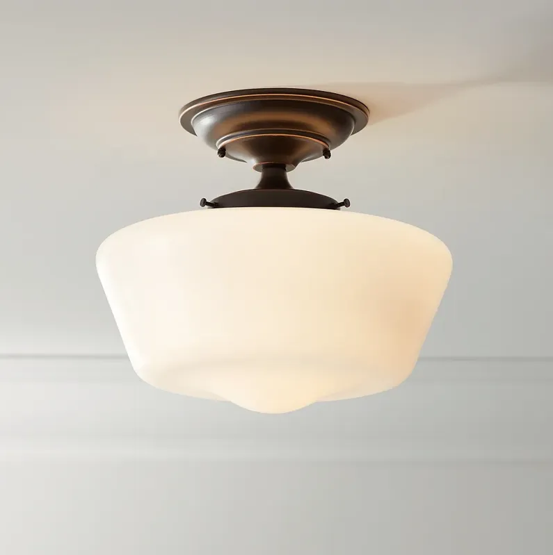 Regency Hill Schoolhouse 12" Wide Bronze White Glass Ceiling Light