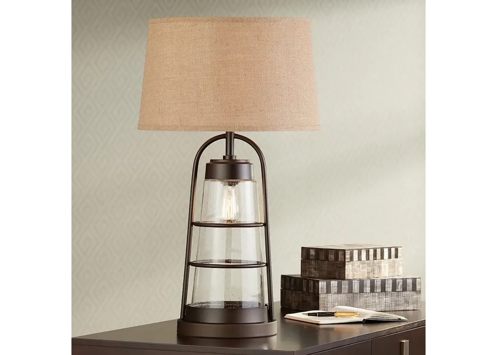 Franklin Iron Works 31" Industrial Lantern Table Lamp with Night Light