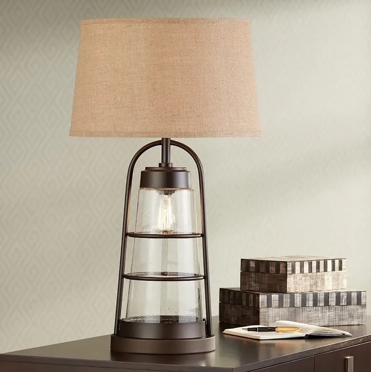 Franklin Iron Works 31" Industrial Lantern Table Lamp with Night Light