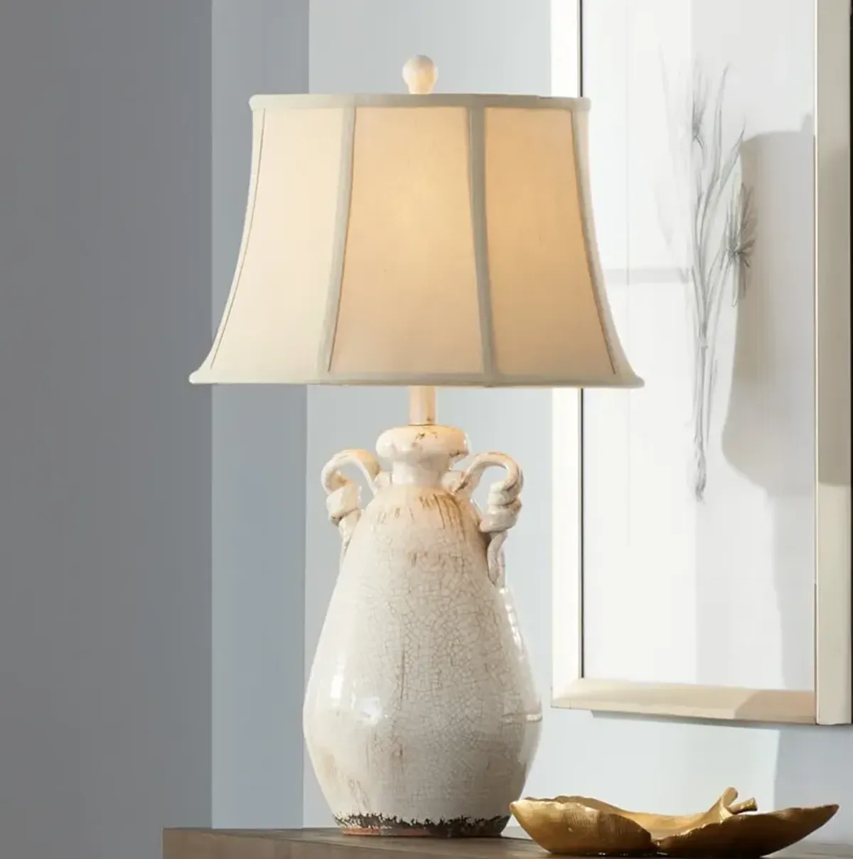 Regency Hill Isabella 28" Ivory Rustic Jar Handle Ceramic Table Lamp