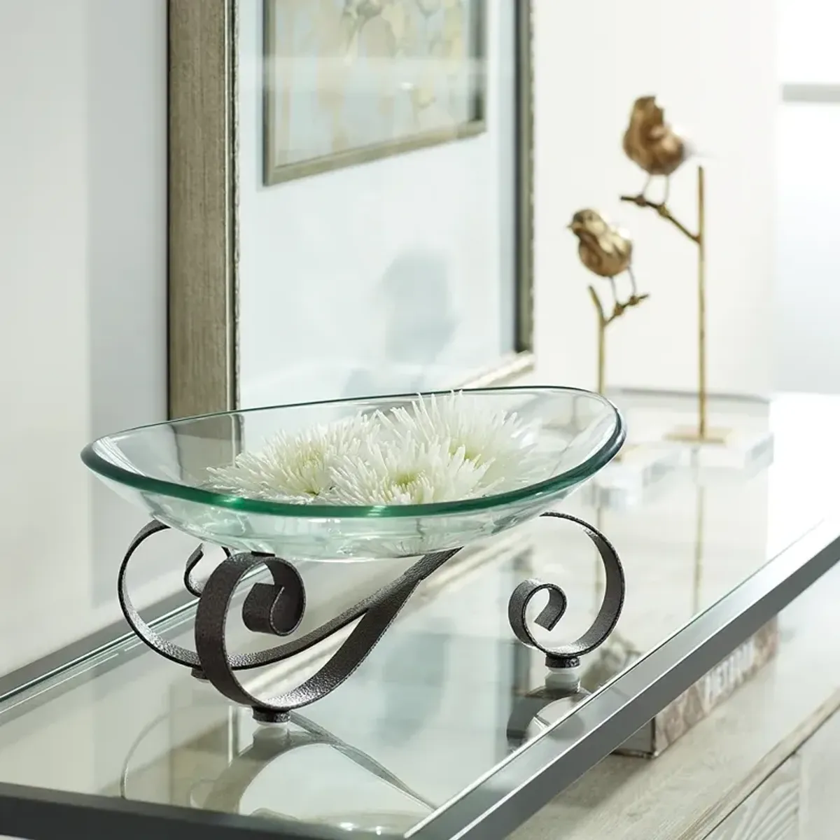 Iron Scroll Stand with Oval Glass Bowl