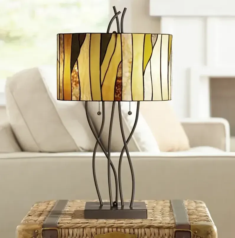 Robert Louis Tiffany Oak Vine Art Glass Pull Chain Table Lamp