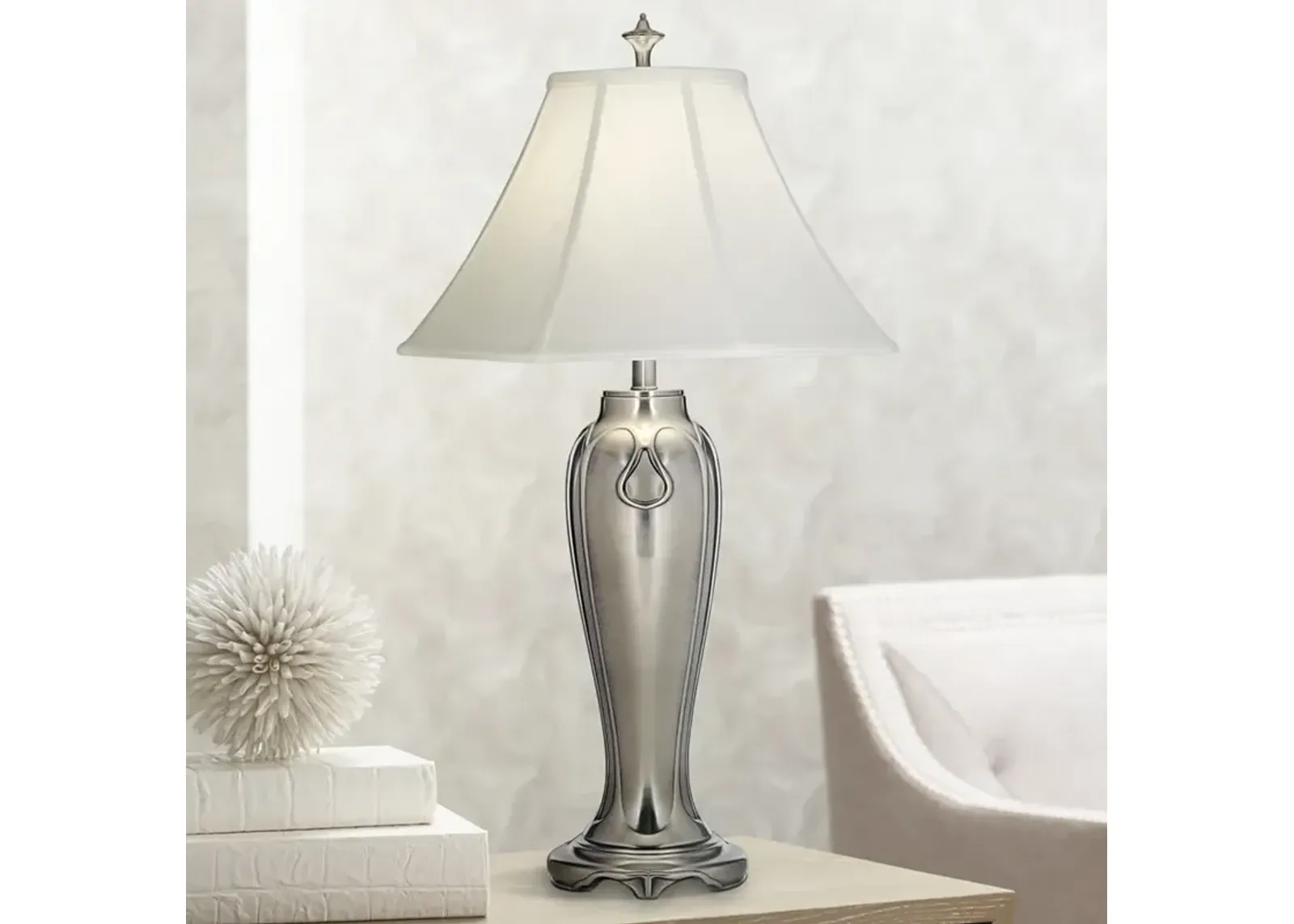 Stiffel 33" Classic Traditional Silk Shade Antique Nickel Table Lamp