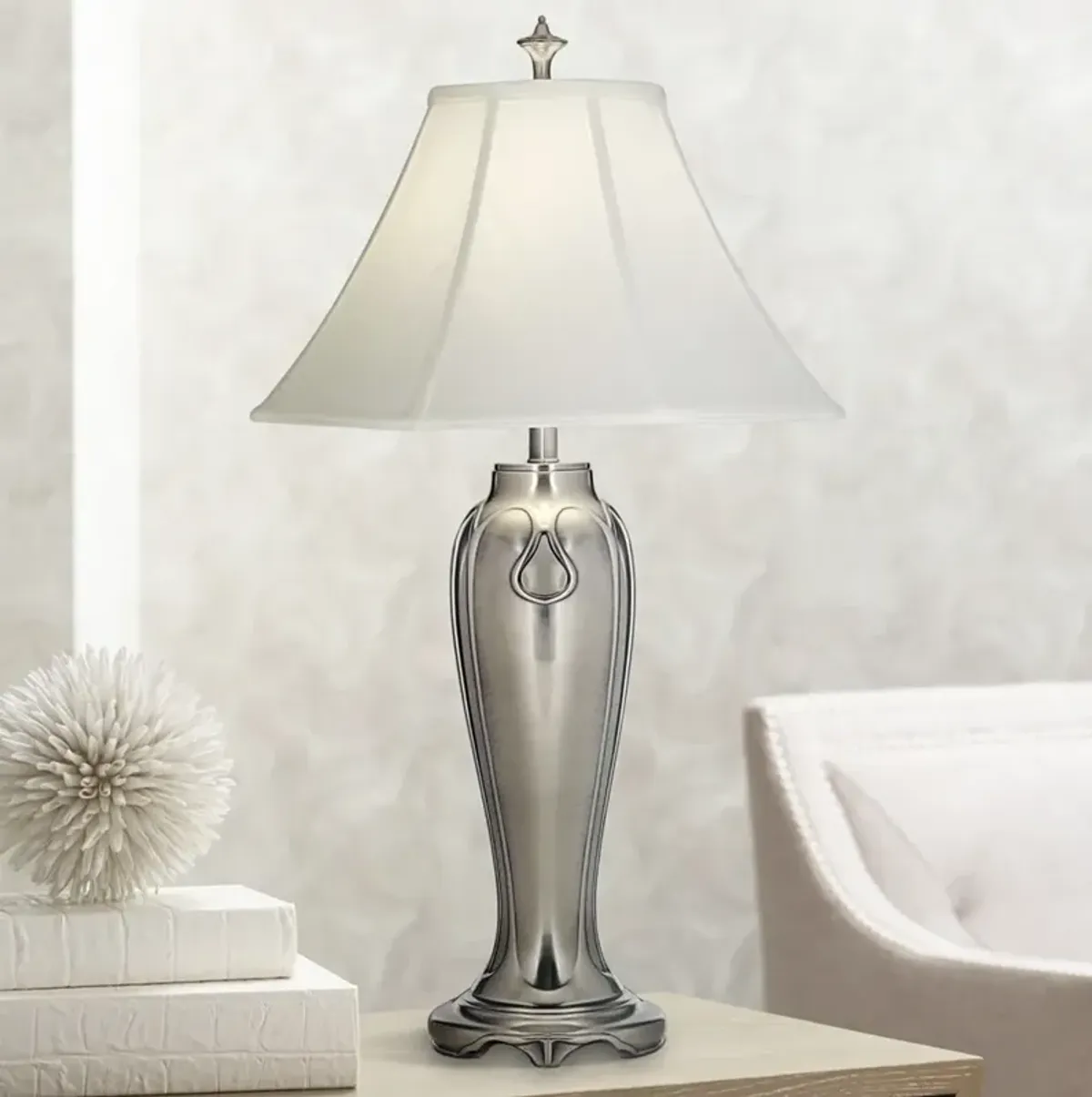 Stiffel 33" Classic Traditional Silk Shade Antique Nickel Table Lamp