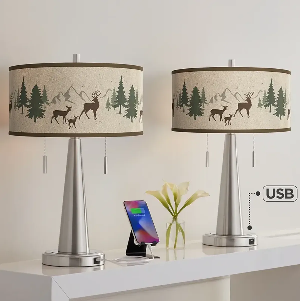 Giclee Glow Vicki 23" Deer Lodge Nickel USB Table Lamps Set of 2