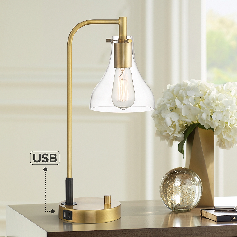 Possini Euro Kinzie Desk Lamp with Power Outlet and USB Ports Warm Gold