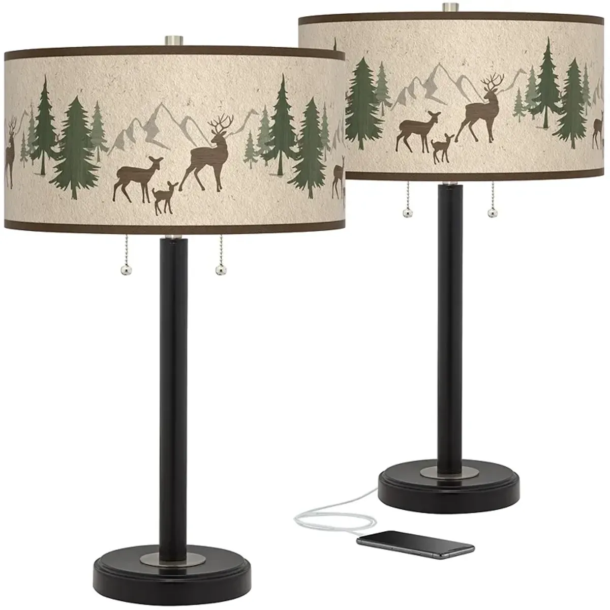 Giclee Glow Arturo 25" Deer Lodge Black USB Table Lamps Set of 2