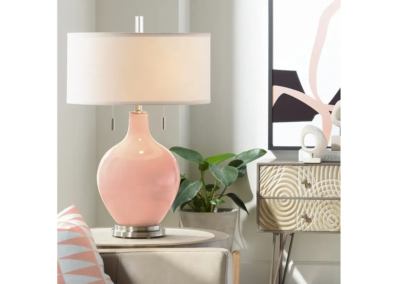 Color Plus Toby 28" Modern Glass Mellow Coral Pink Table Lamp