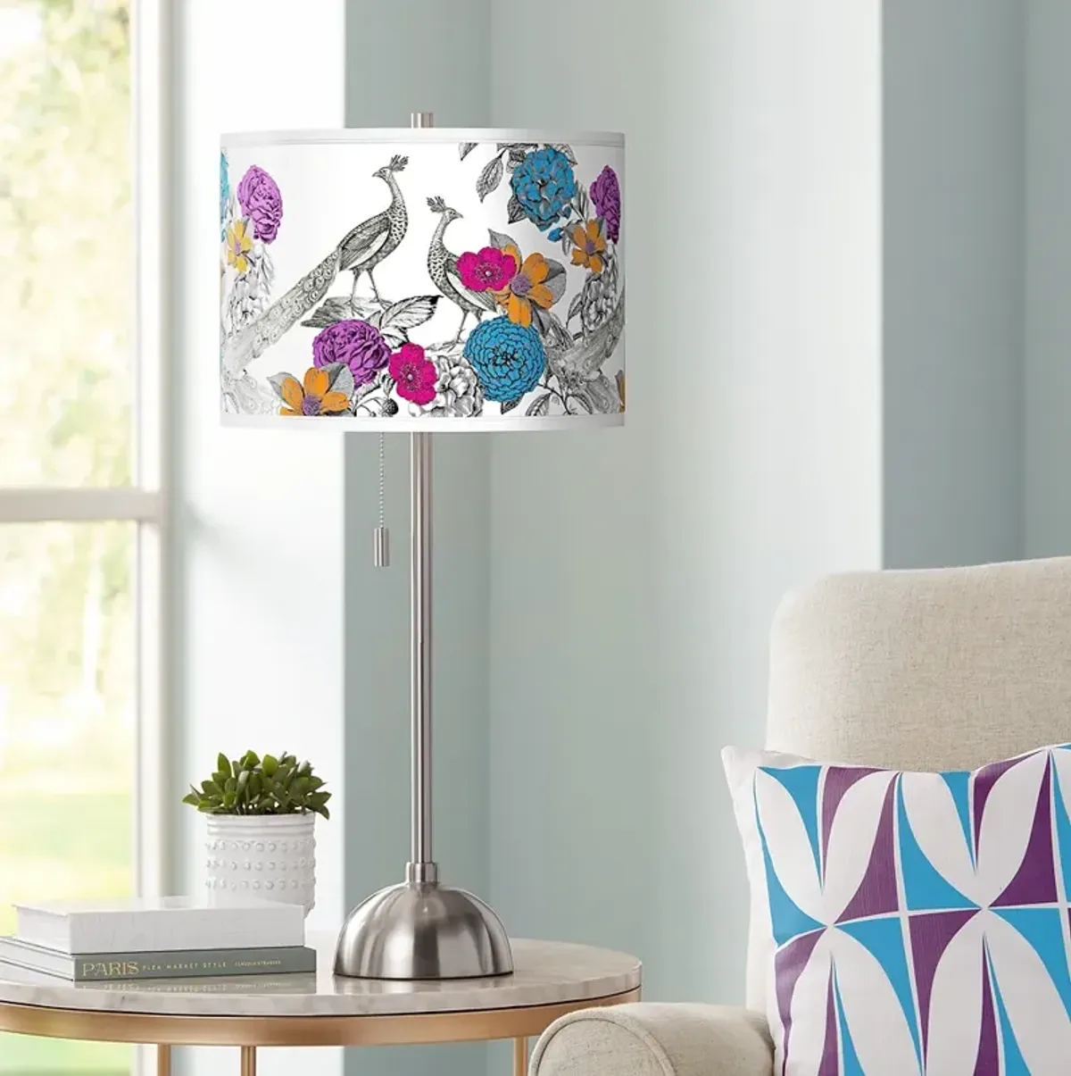 Giclee Glow 28" Peacocks in the Garden Brushed Nickel Table Lamp