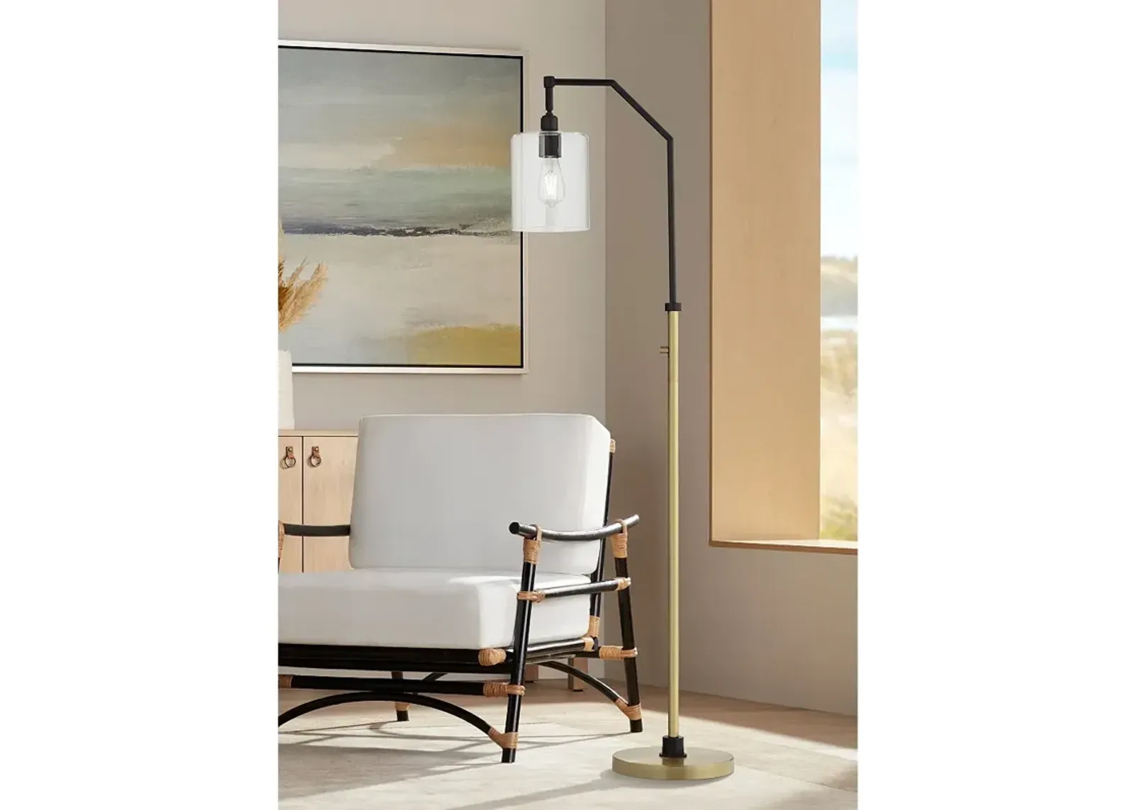 Possini Euro 62 1/2" High Downbridge Black and Brass Arc Floor Lamp