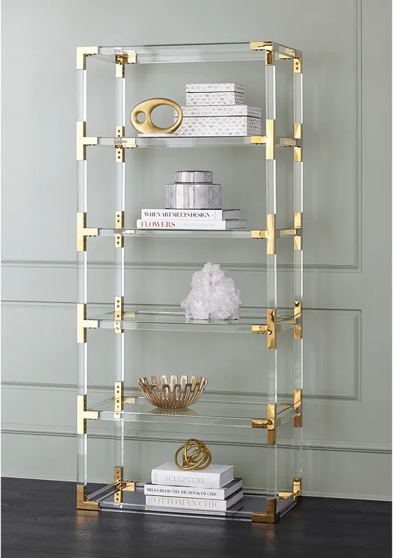 Hanna 70 3/4" Clear Acrylic and Gold 6-Shelf Open Bookcase