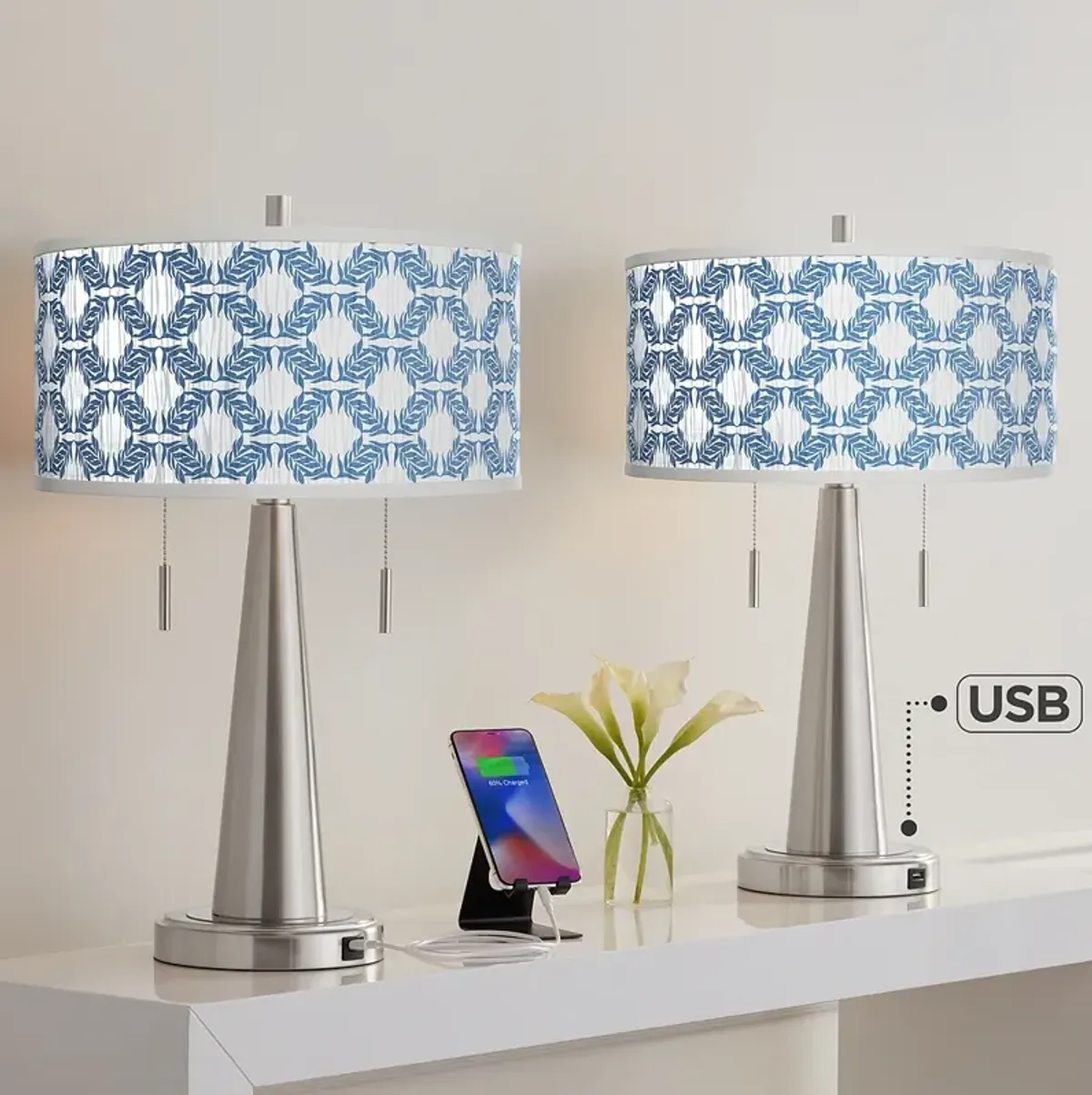 Giclee Glow Vicki 23" Leaf Symmetry Brushed Nickel USB Lamps Set of 2