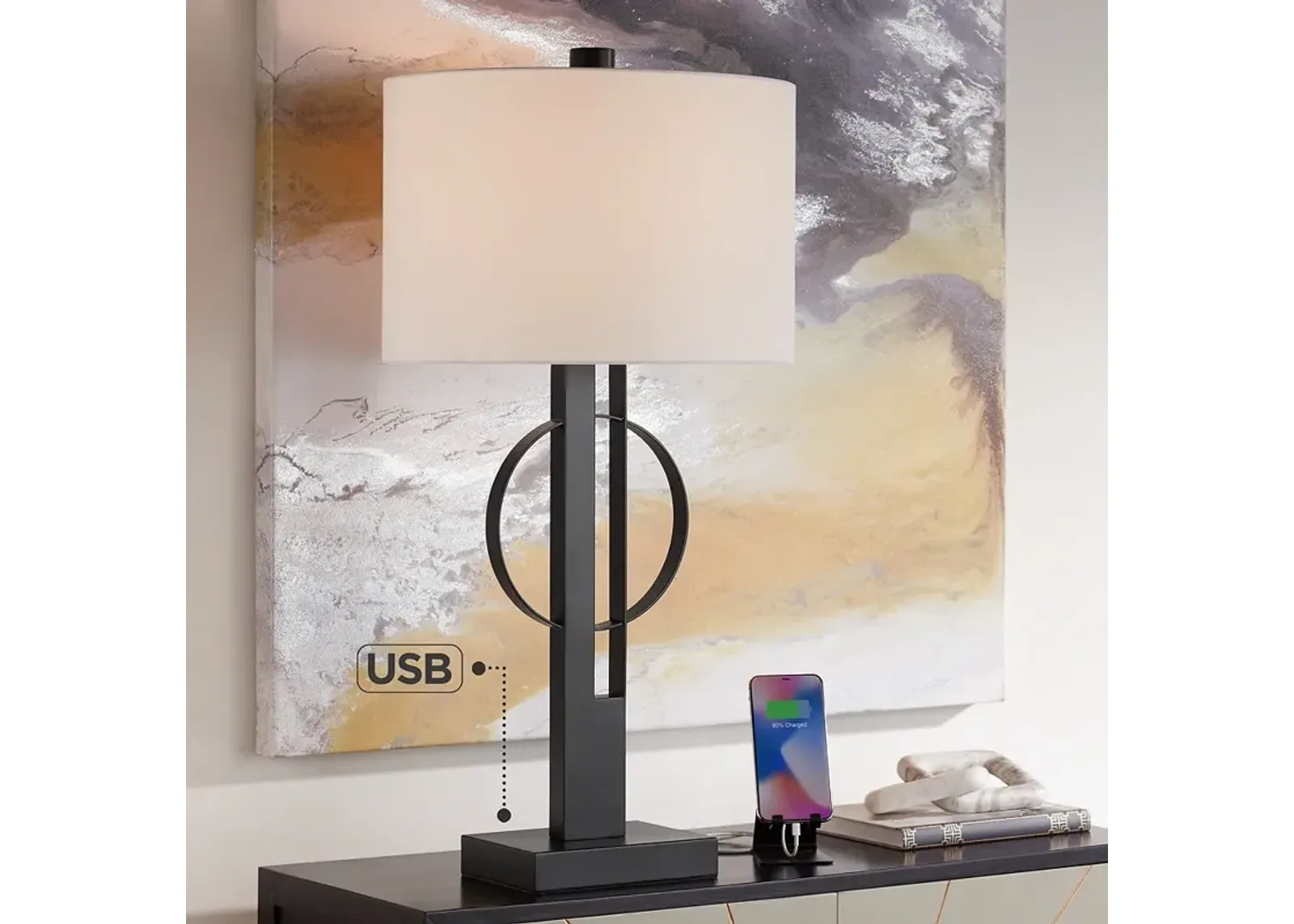 Possini Euro Galaxy 32" High Black Geometric Base Dual USB Table Lamp