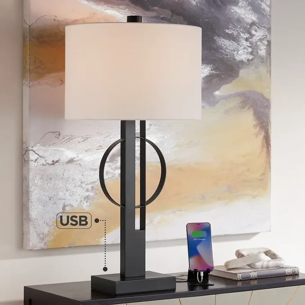 Possini Euro Galaxy 32" High Black Geometric Base Dual USB Table Lamp