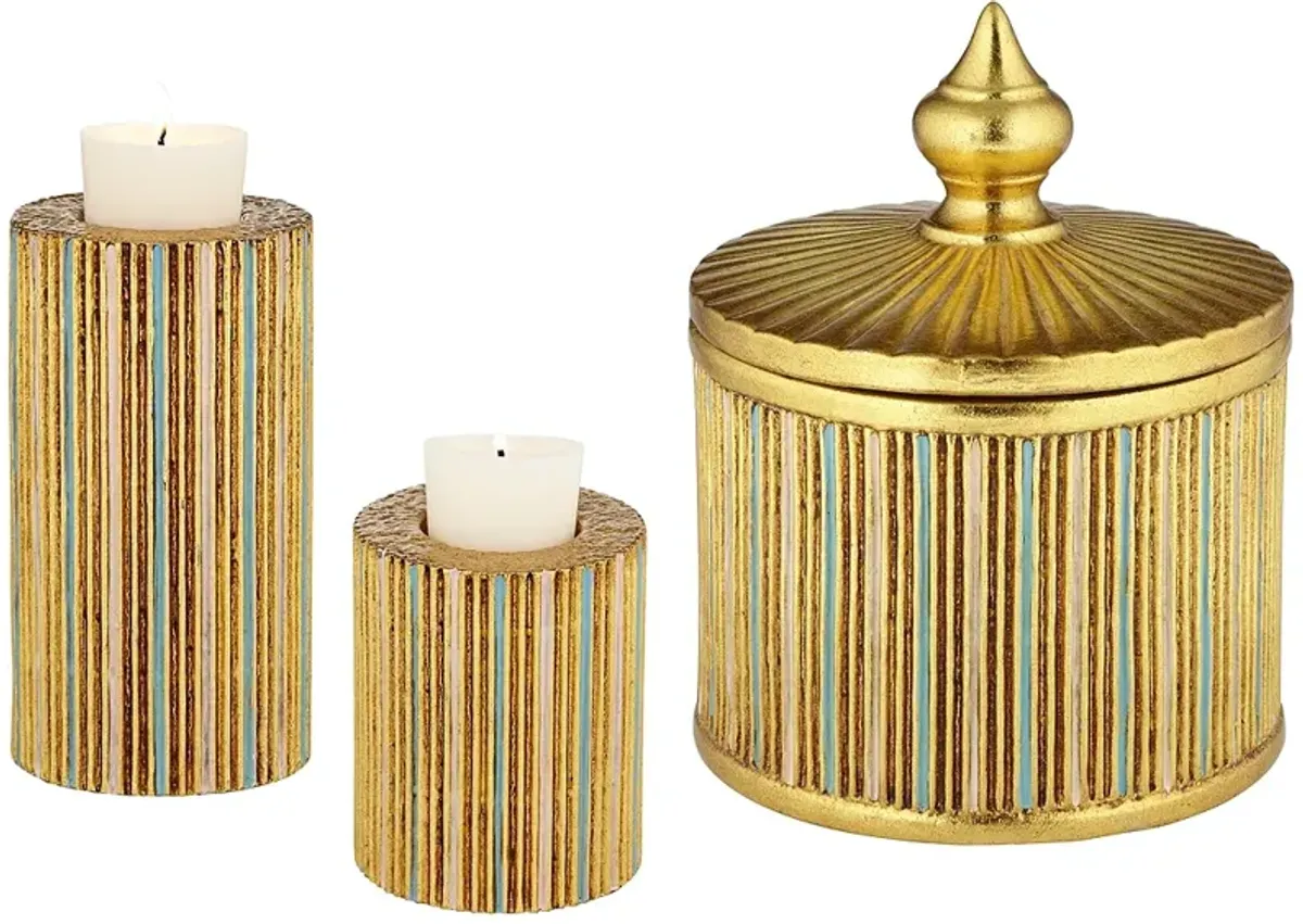 Tomak Gold 3-Piece Pillar Candle Holder and Jar w/ Lid Set