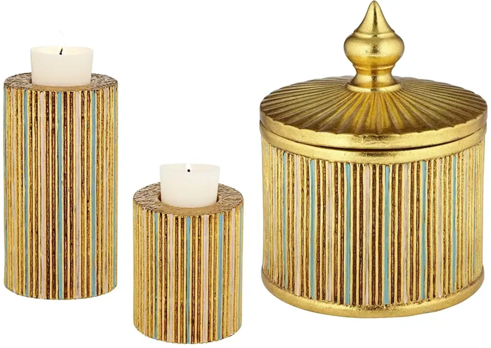 Tomak Gold 3-Piece Pillar Candle Holder and Jar w/ Lid Set