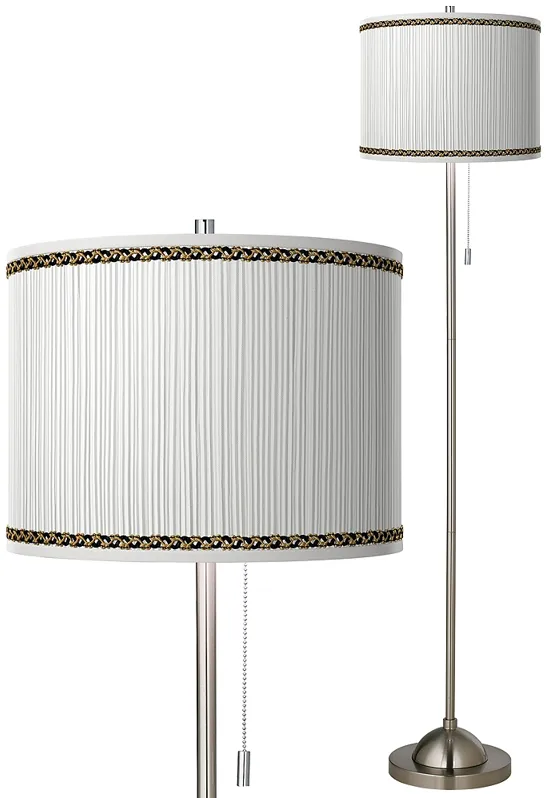 Faux Pleated Giclee Print Lamp Shade Brushed Nickel Pull Chain Floor Lamp