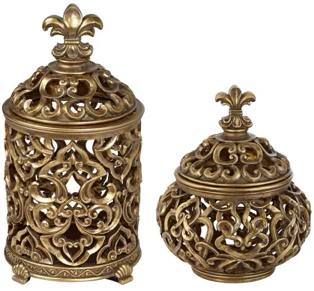 Sherise Antique Gold Fleur-de-Lis Jars with Lid Set of 2