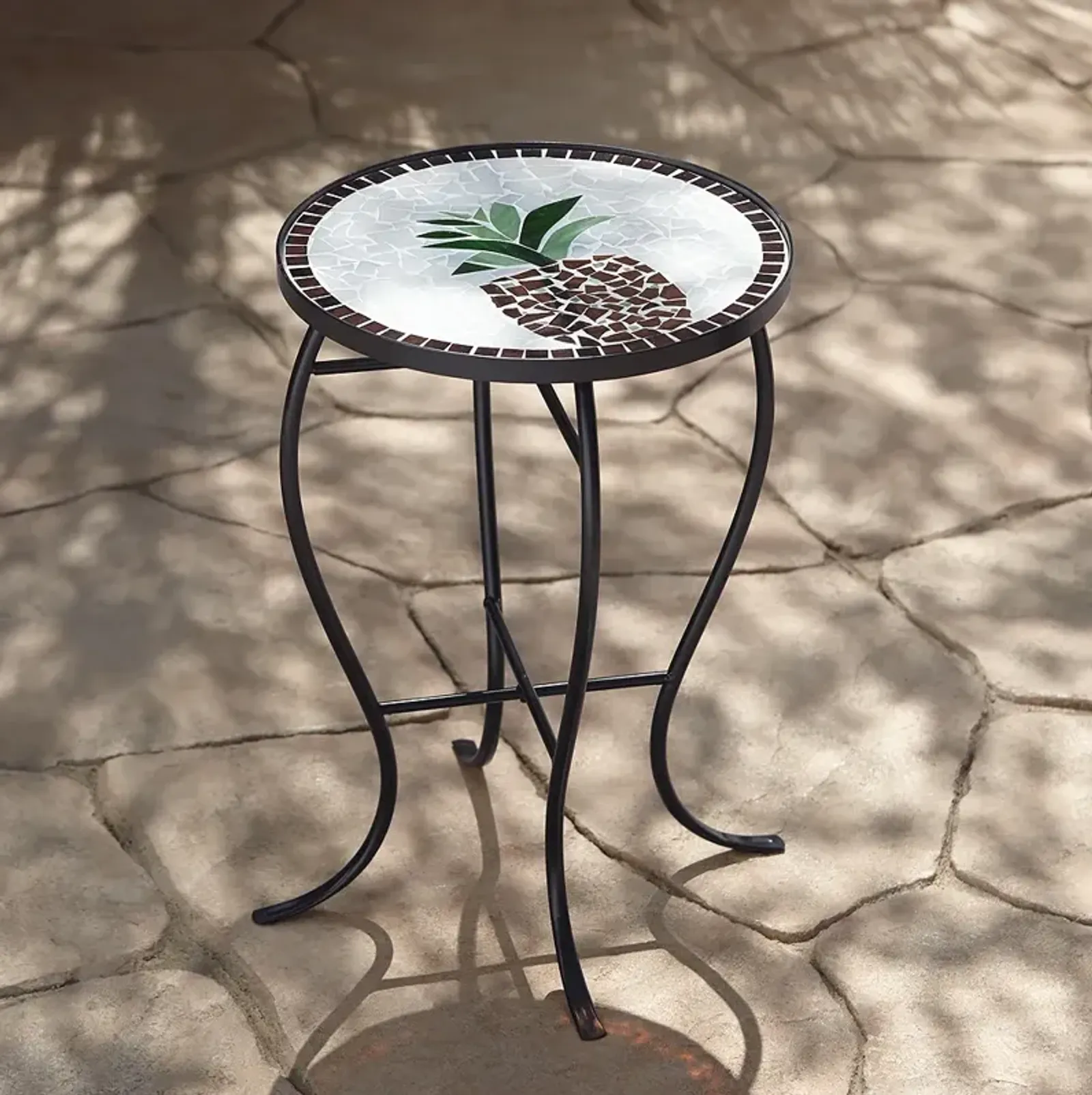 Beige Pineapple Mosaic Round Outdoor Accent Table