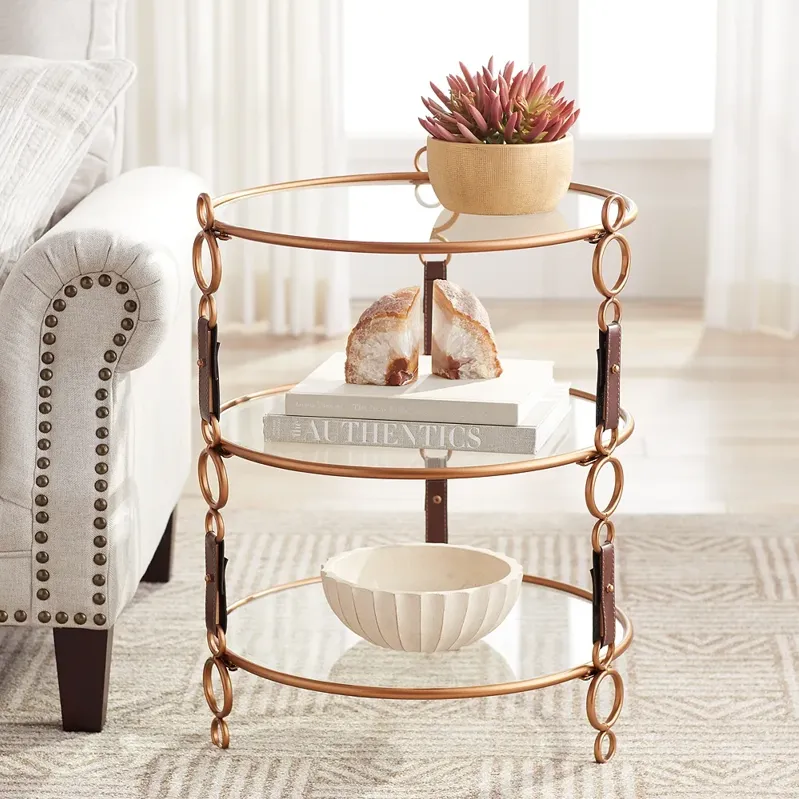 Winchester 22 1/2" Gold and Faux Leather 3-Tier Glass Accent Table