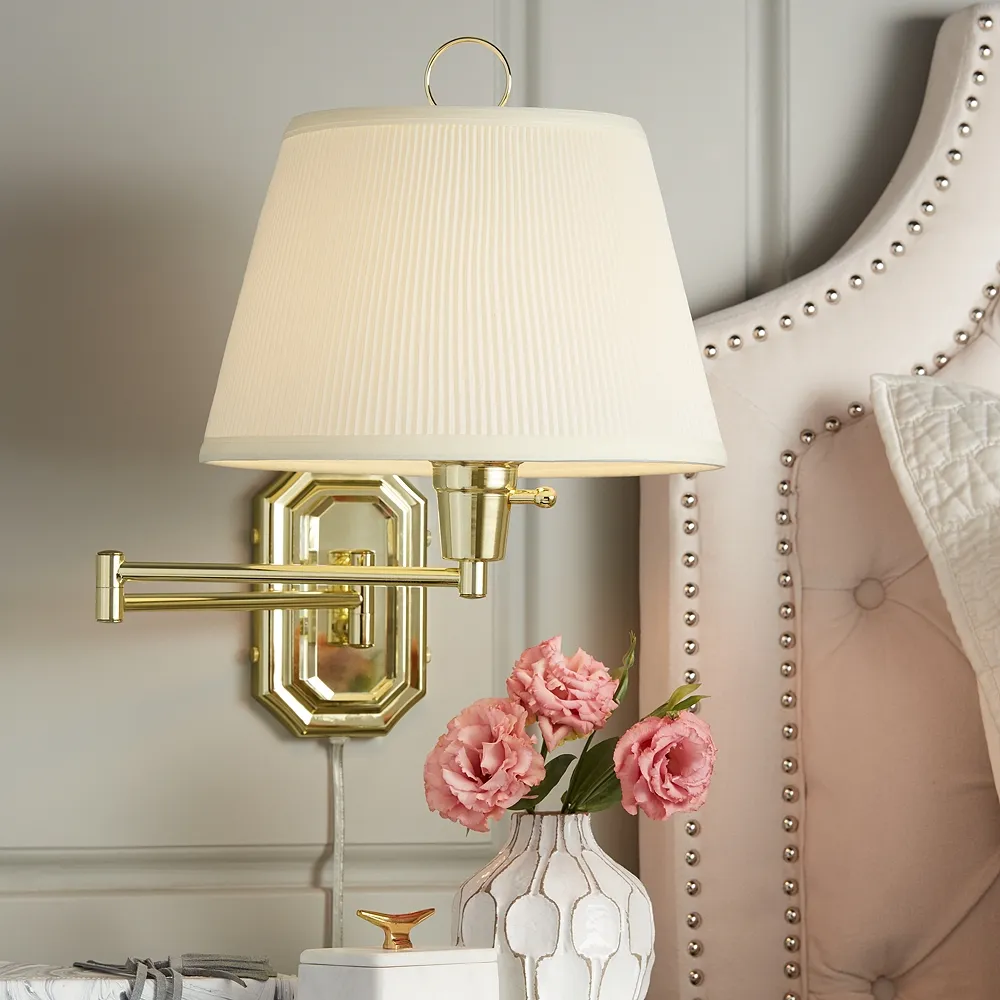 Barnes and Ivy Fredericks Brass with Ivory Pleated Shade Plug-In Wall Lamp