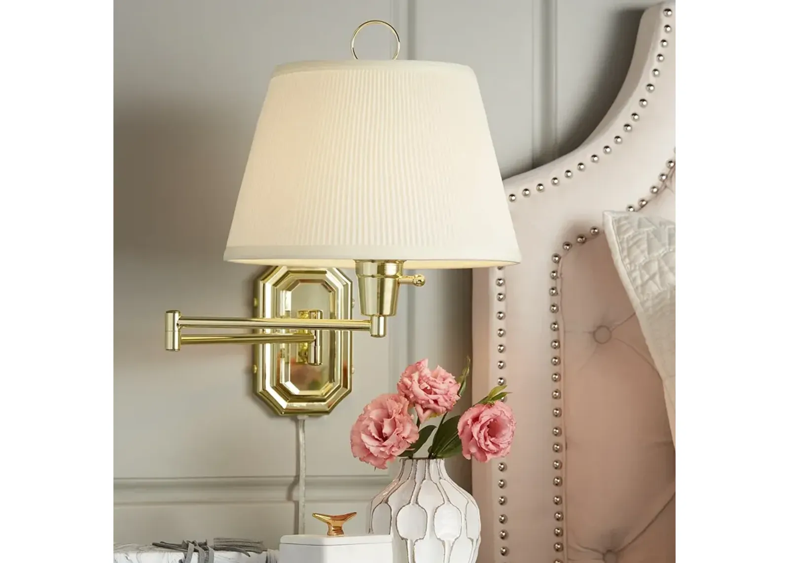 Barnes and Ivy Fredericks Brass with Ivory Pleated Shade Plug-In Wall Lamp